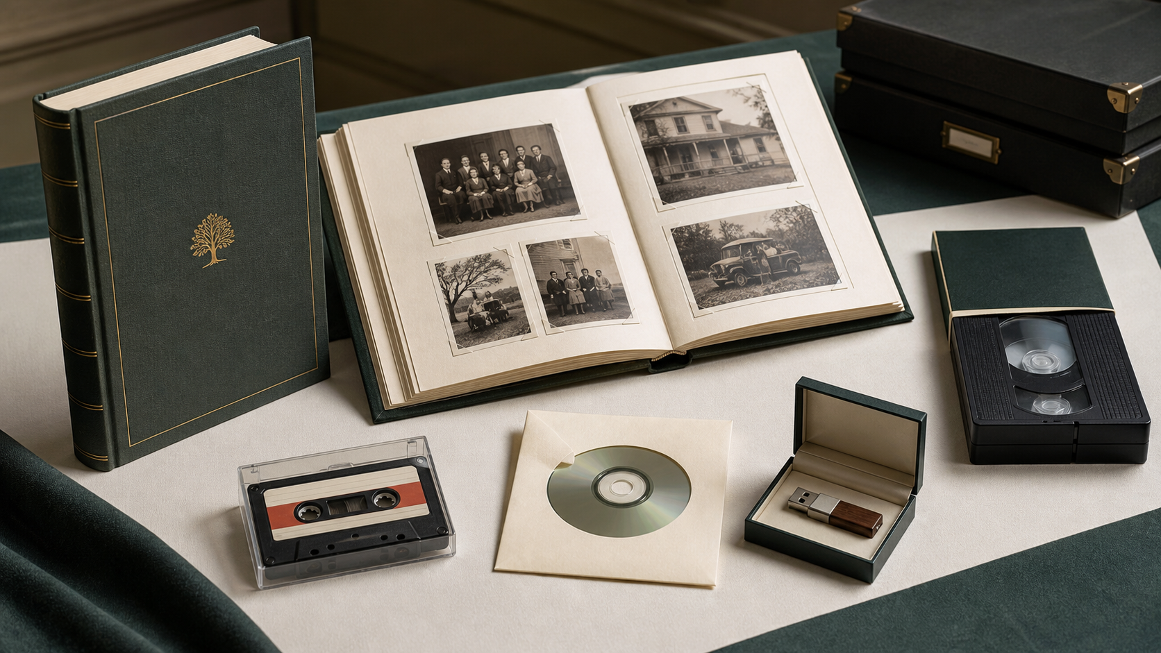 A family chronicle, photo album, audio cassette, video cassette, archive disc, and USB drive